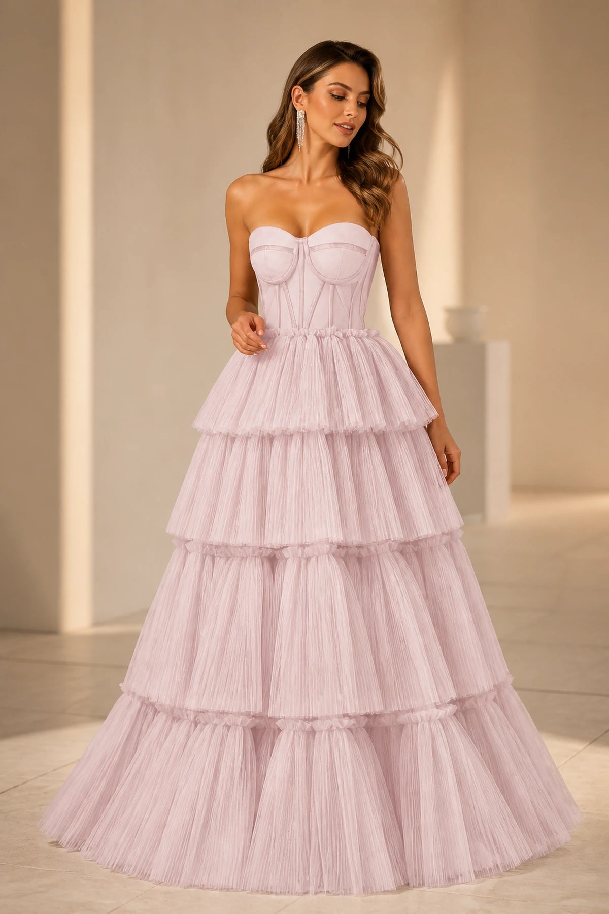 Radiant Ball Gown Sweetheart Neck Strapless Tiered Floor-Length Wedding Guest Dress