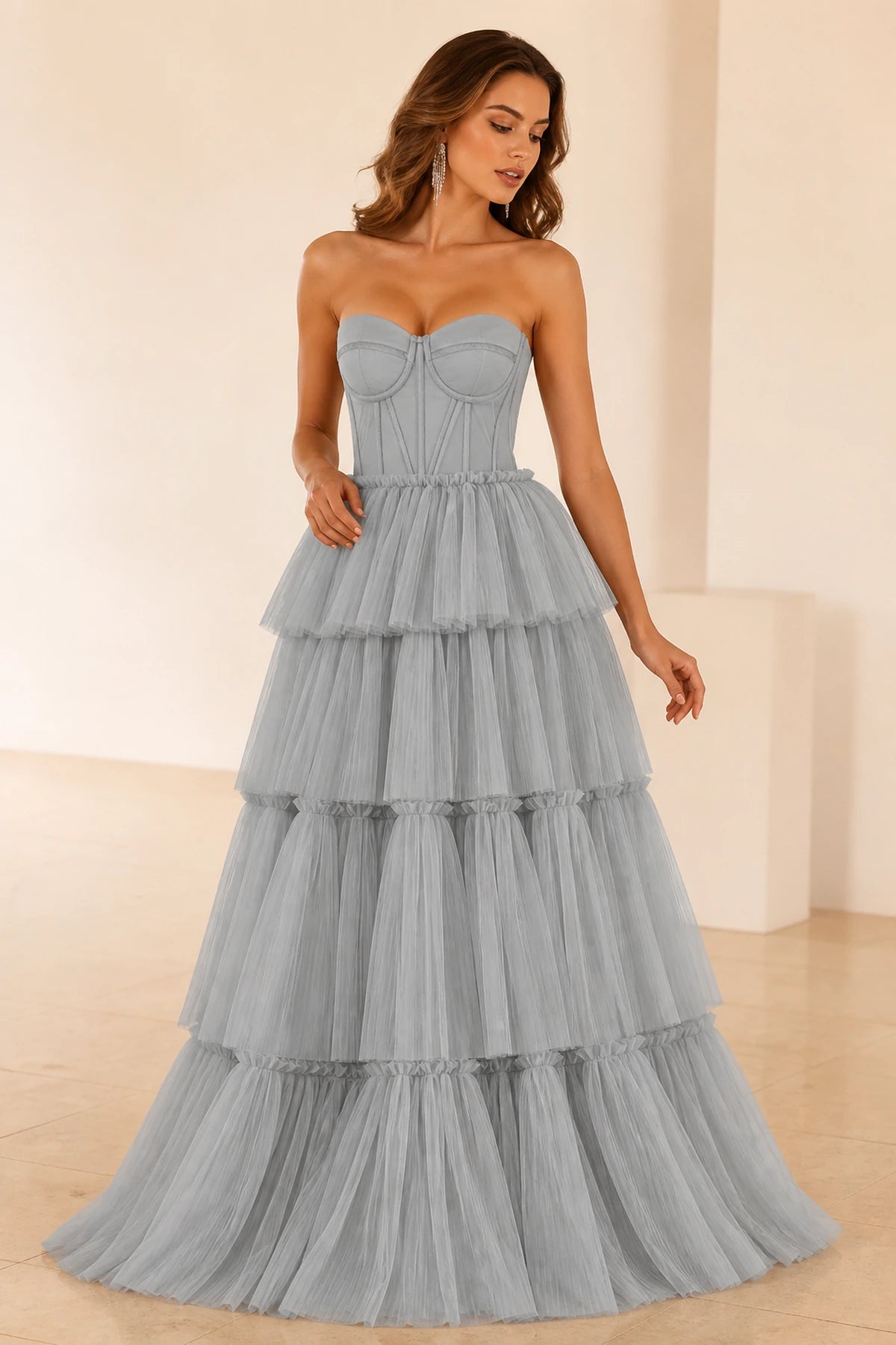 Radiant Ball Gown Sweetheart Neck Strapless Tiered Floor-Length Wedding Guest Dress