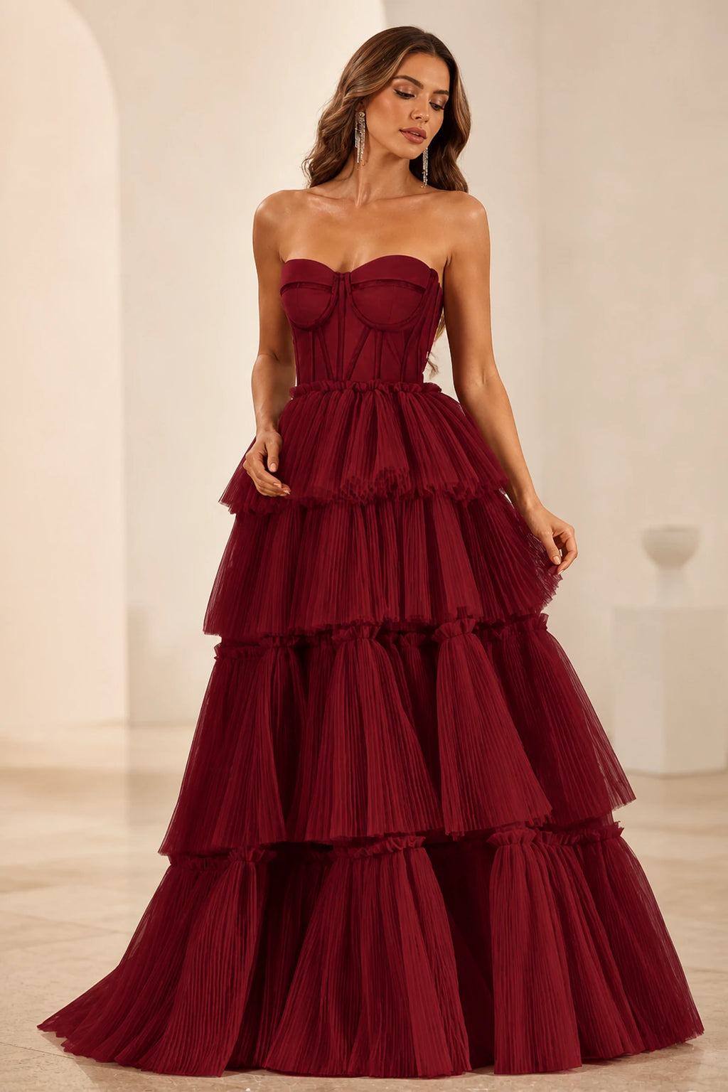 Radiant Ball Gown Sweetheart Neck Strapless Tiered Floor-Length Wedding Guest Dress