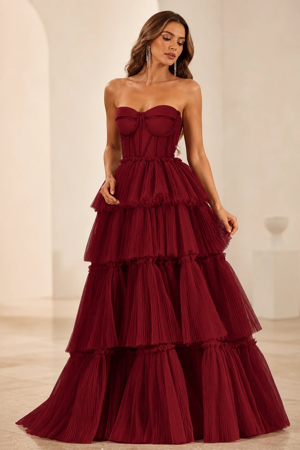 Radiant Ball Gown Sweetheart Neck Strapless Tiered Floor-Length Wedding Guest Dress