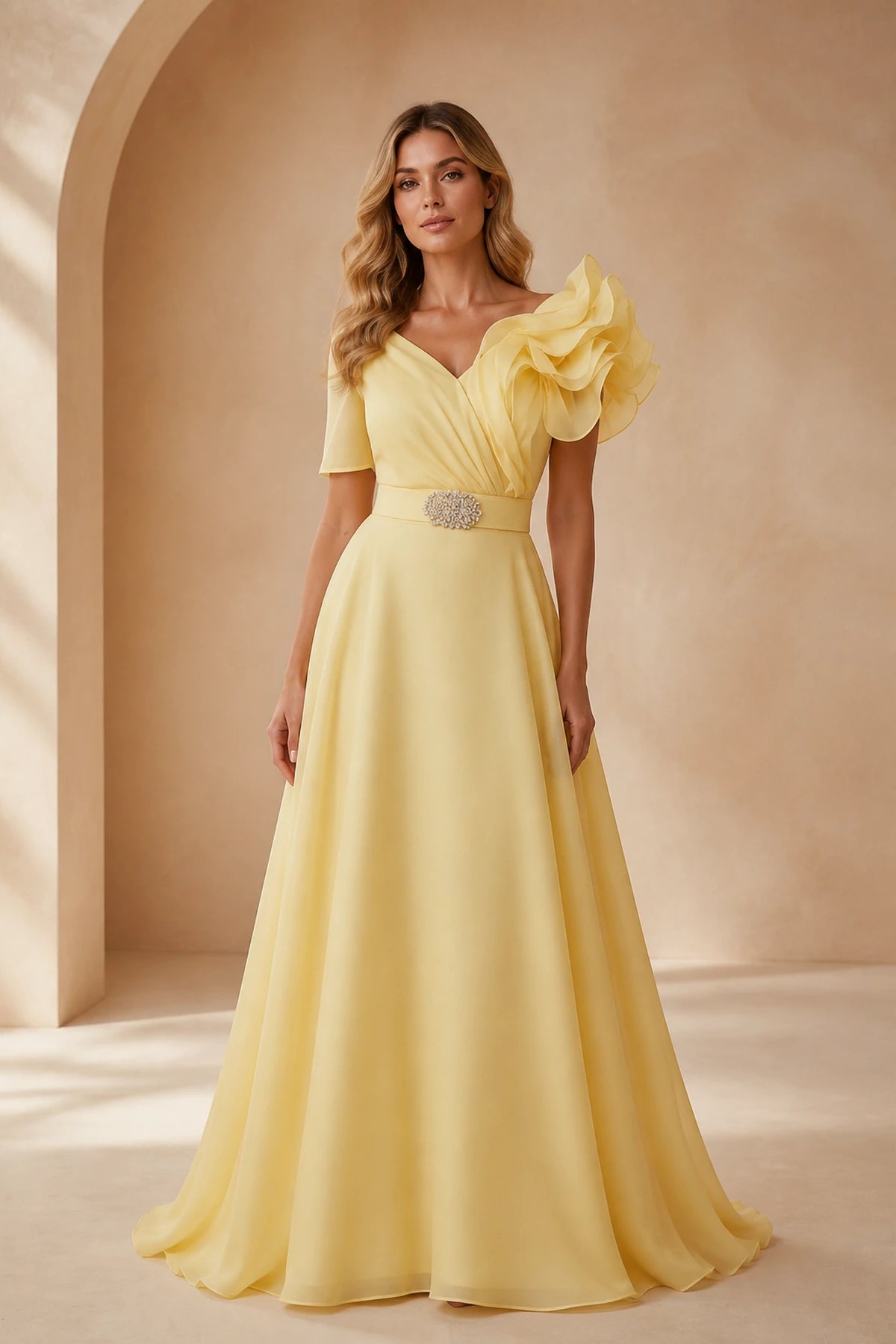Yellow A-line V-neck prom dress with floral ruffle shoulder detail and short sleeves