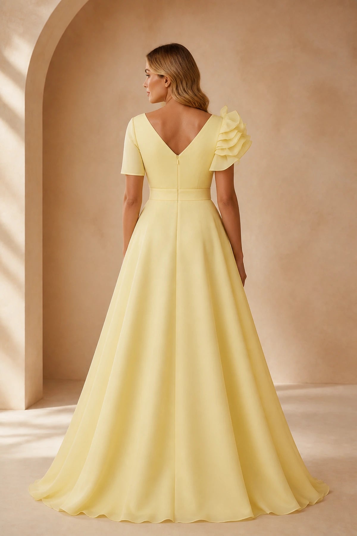 Back view of yellow floor-length prom dress with V-back neckline and zipper closure